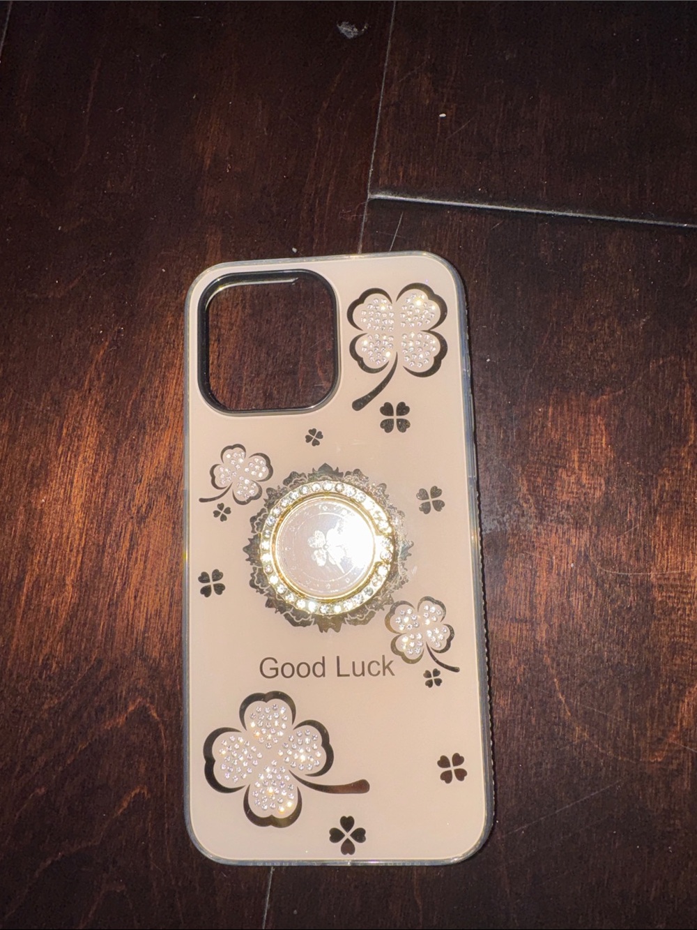 IPhone 15 pro max Case with Gold Ring Holder - Beige 'Good Luck' Clover Design